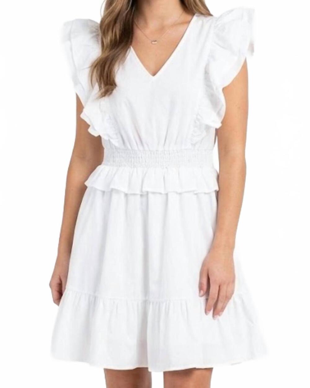 NEW ENTRO v-neck ruffle mini dress in white